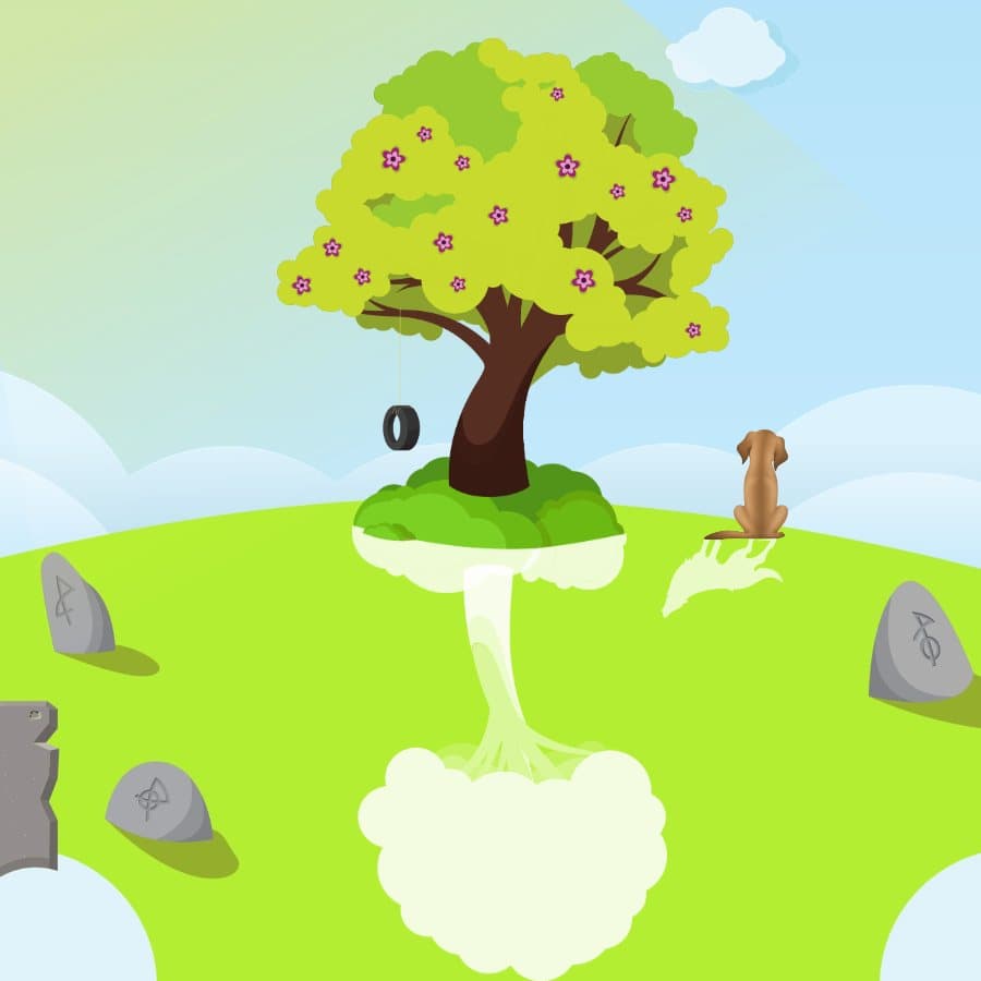 The Dream Tree in spring bloom on a sunny day: a blossoming tree on a floating island and a puppy figure on the hill, with its wolf reflection in the dream world below
