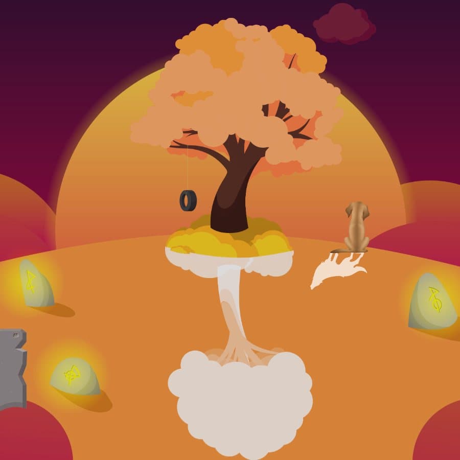 The Dream Tree on a golden autumn evening, the tree in orange leaves against a setting sun