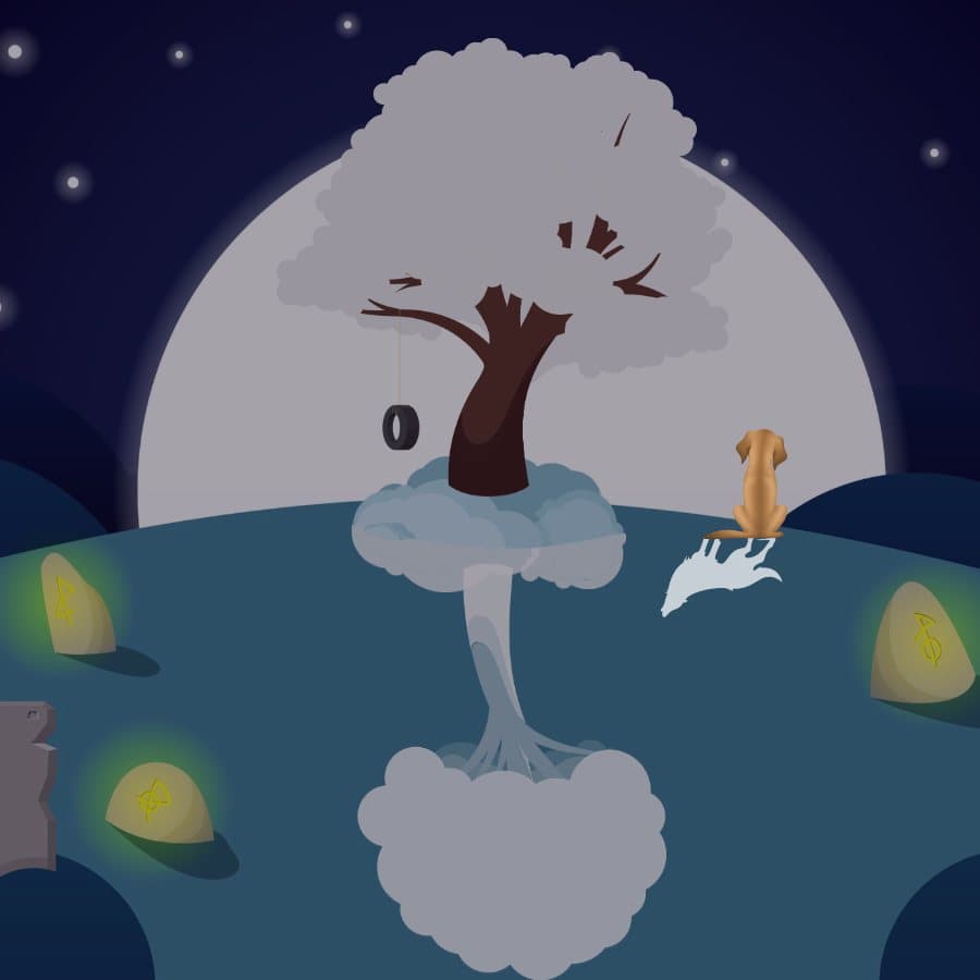 The Dream Tree on a snowy night, the tree white with frost under a full moon