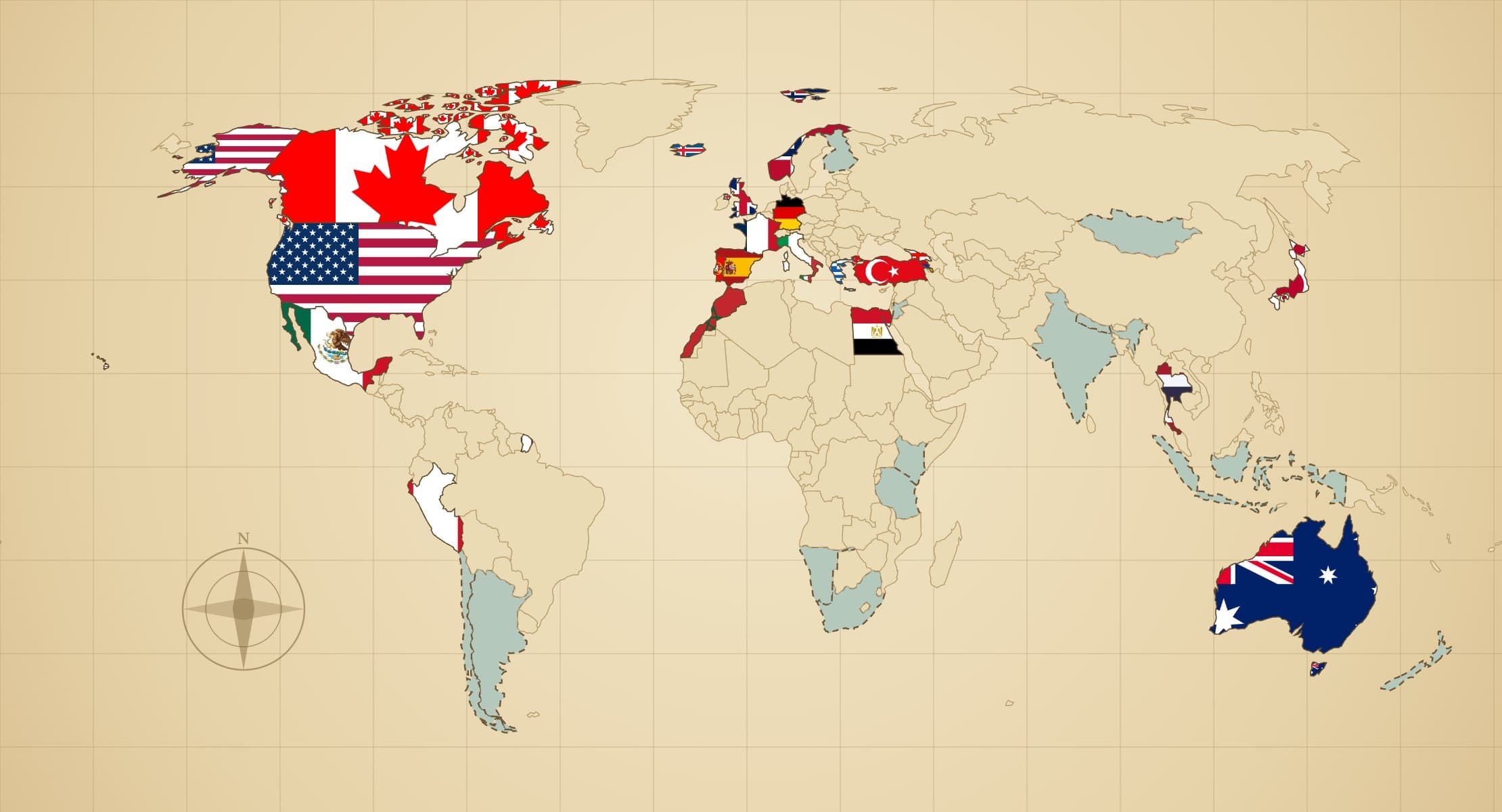 A world map in which visited countries are filled with their flags and wish-list countries have a dashed green outline